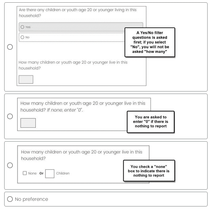 Screenshot of respondent's choice of the Filter Question option, Enter Zero option, None Box option, or selecting no preference as their answer.