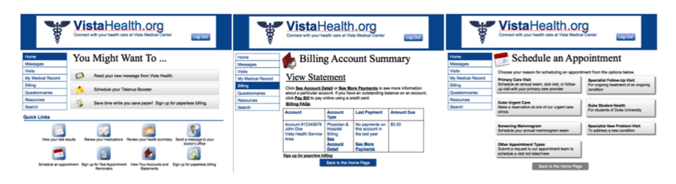 three screenshots with the following titles: you might want to, billing account summary, and schedule an appointment