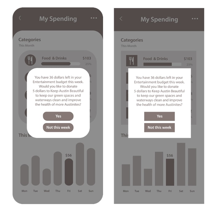 Screenshot of the donation request in a curved shape side-by-side with a screenshot of the donation request in a rectilinear shape.