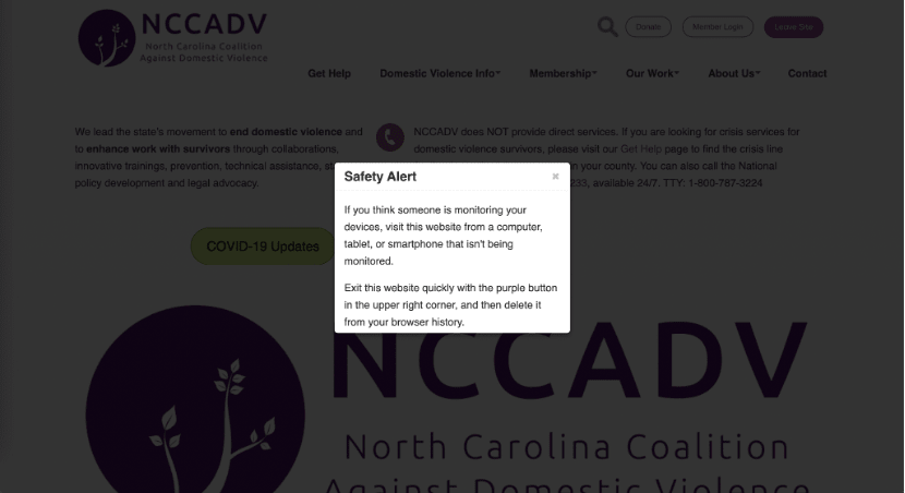 Screenshot of NCCADV's Safety Alert with concise instructions.