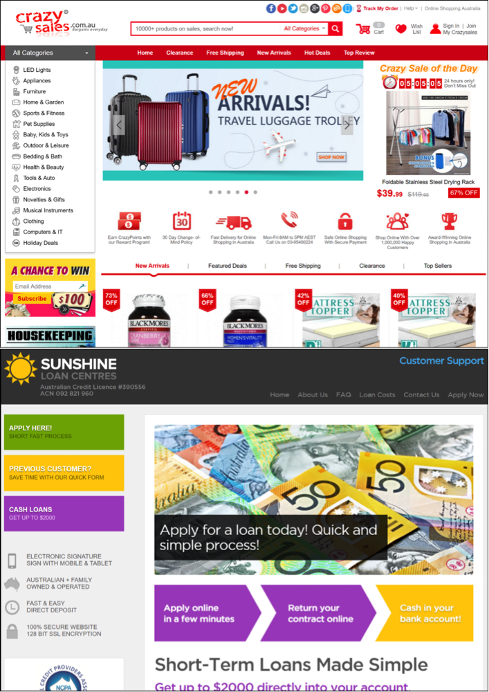 Screenshots from the two websites www.crazysales.com.au and www.sunshineloans.com.au used in Study 1 to assess trust in a realistic setting.
