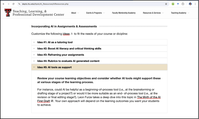 Screenshot of a Texas Tech webpage named Incorporating AI in Assignments and Assessments. 