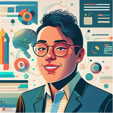 A colorful AI rendering from the author's photo that includes a recognizable avatar and diagrams in the background.