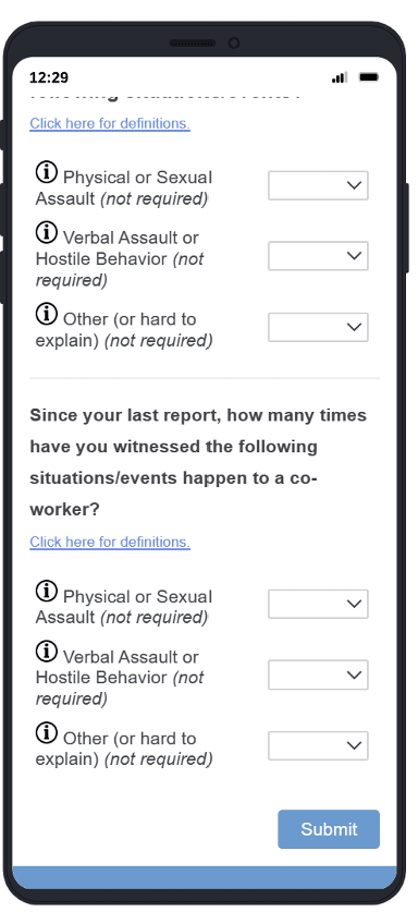 Screenshot of SPARS reporting including the two questions. Drop-down lists allow users to select the approximate number of occurrences of different types of WPV events.
