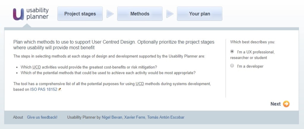 Screenshot providing the introduction to the site: "Plan which methods to use to support User Centered Design..."