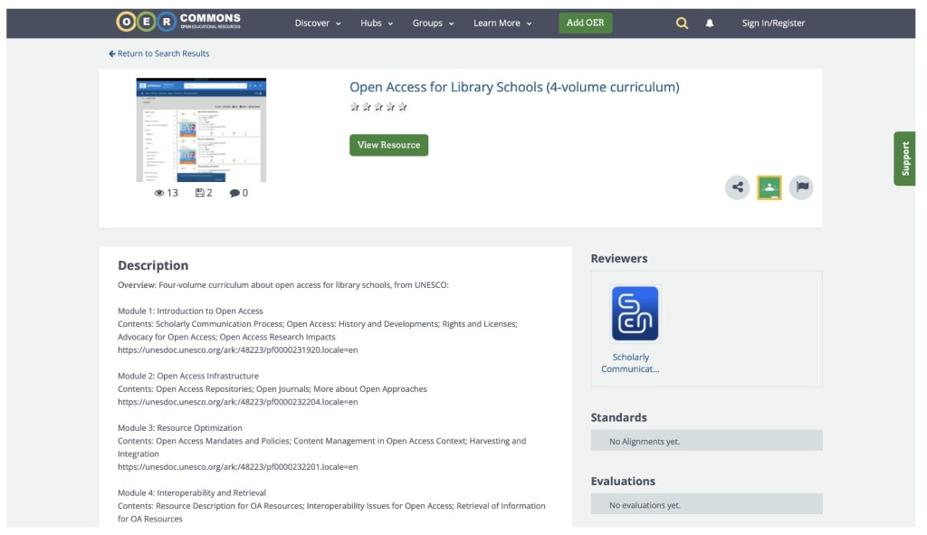 Screenshot of the OER Commons interface showing a resource view after a search. The interface includes subtle colors and shapes, with information about the resource.
