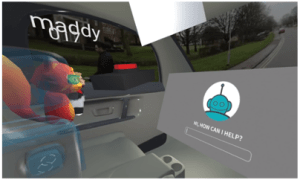 Participant's internal view of AV MaaS; HMIs include items like an AI assistant, screen, social media access, passenger seat and console, and emergency button