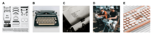 A. Diagram of typewriter parts B. A typewriter in a case C. A page with typed text lines D. Side-by-side writers using typewriters at a cafe E. A modern keyboard with raised keys