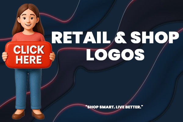 Vibrant retail shop logos with bold typography and illustrative elements