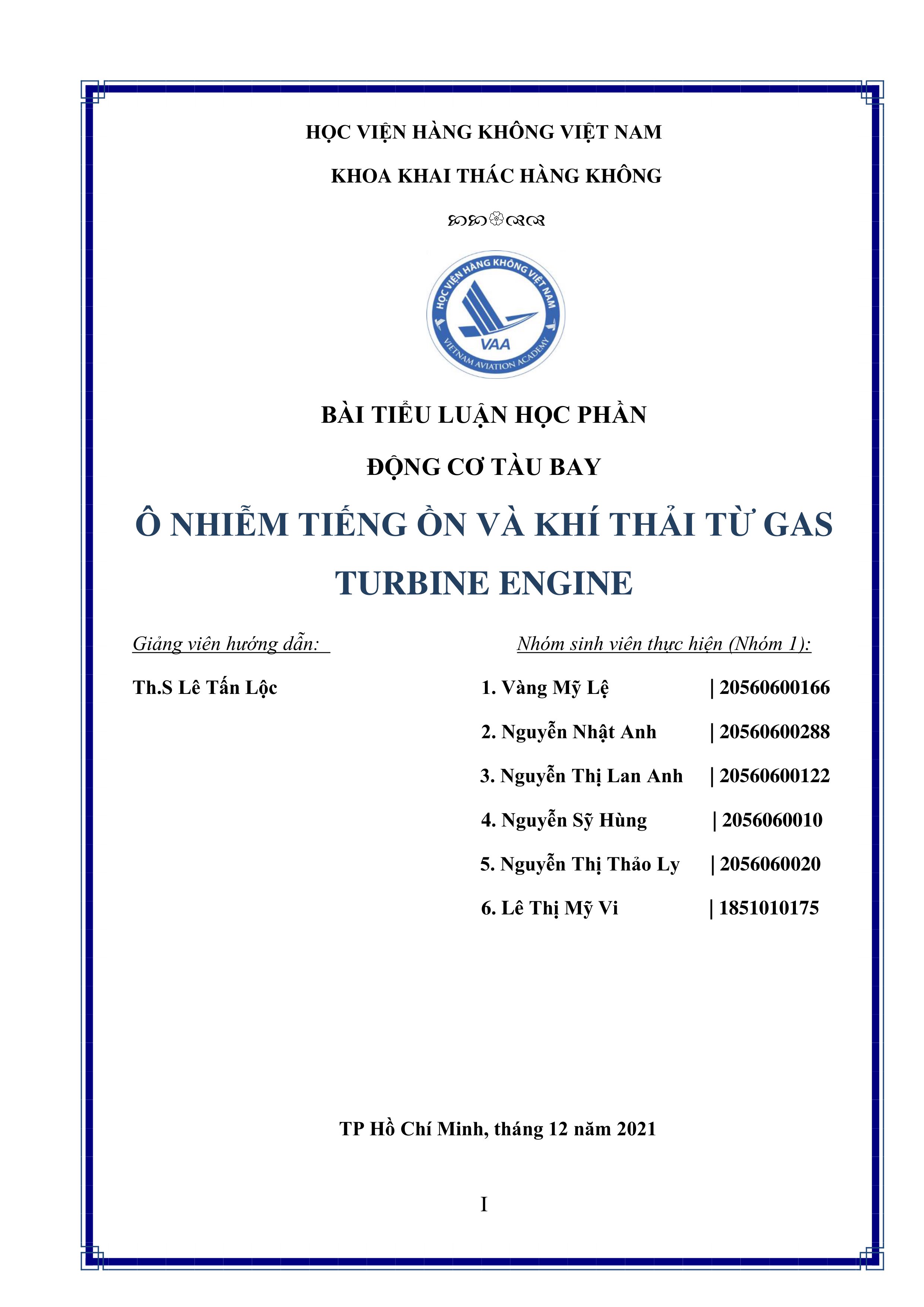 BÀI TIỂU LUẬN HỌC PHẦN ĐỘNG CƠ TÀU BAY Ô NHIỄM TIẾNG ỒN VÀ KHÍ THẢI TỪ GAS TURBINE ENGINE