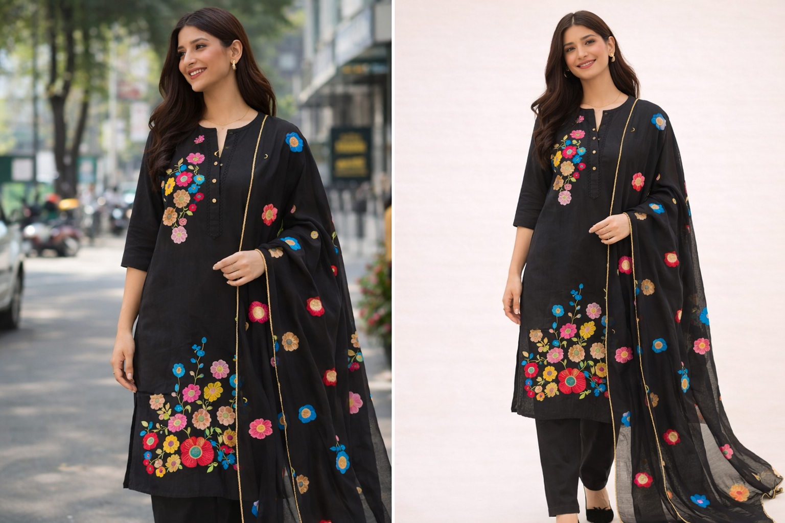 Phool Embroidered Black Suit Set