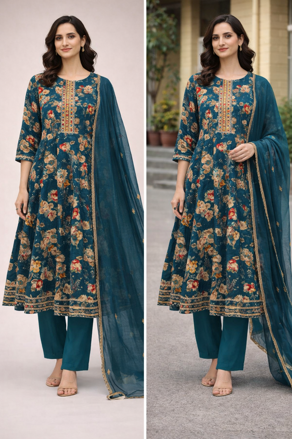 Teal Noori Anarkali Suit Set 
