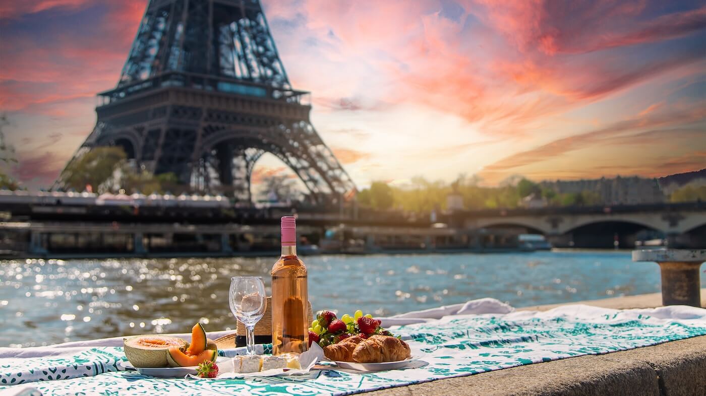 Picnic foods with Eiffel Tower in the distance