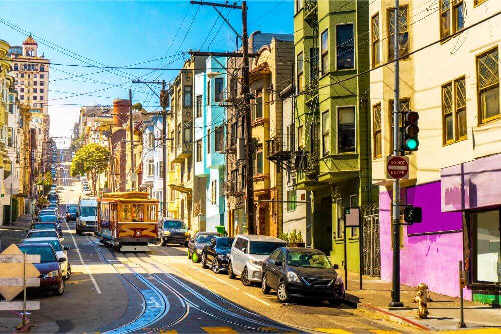 san francisco a colorful residential street with trolley