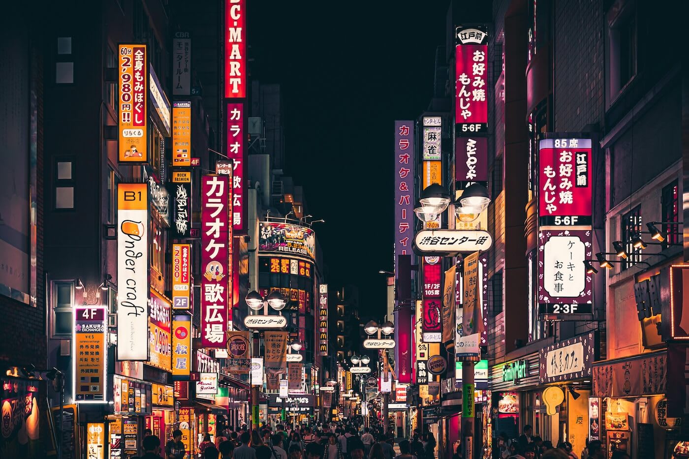 Active street in Tokyo at night