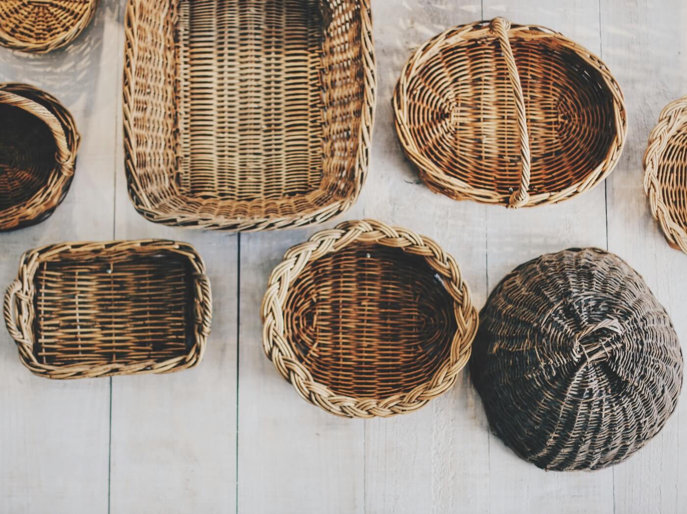Several empty woven baskets