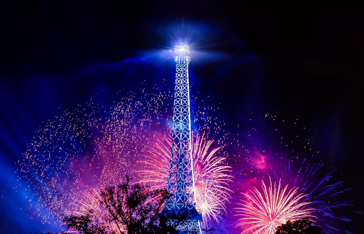 The Eiffel Tower with fireworks on the Bastille Day