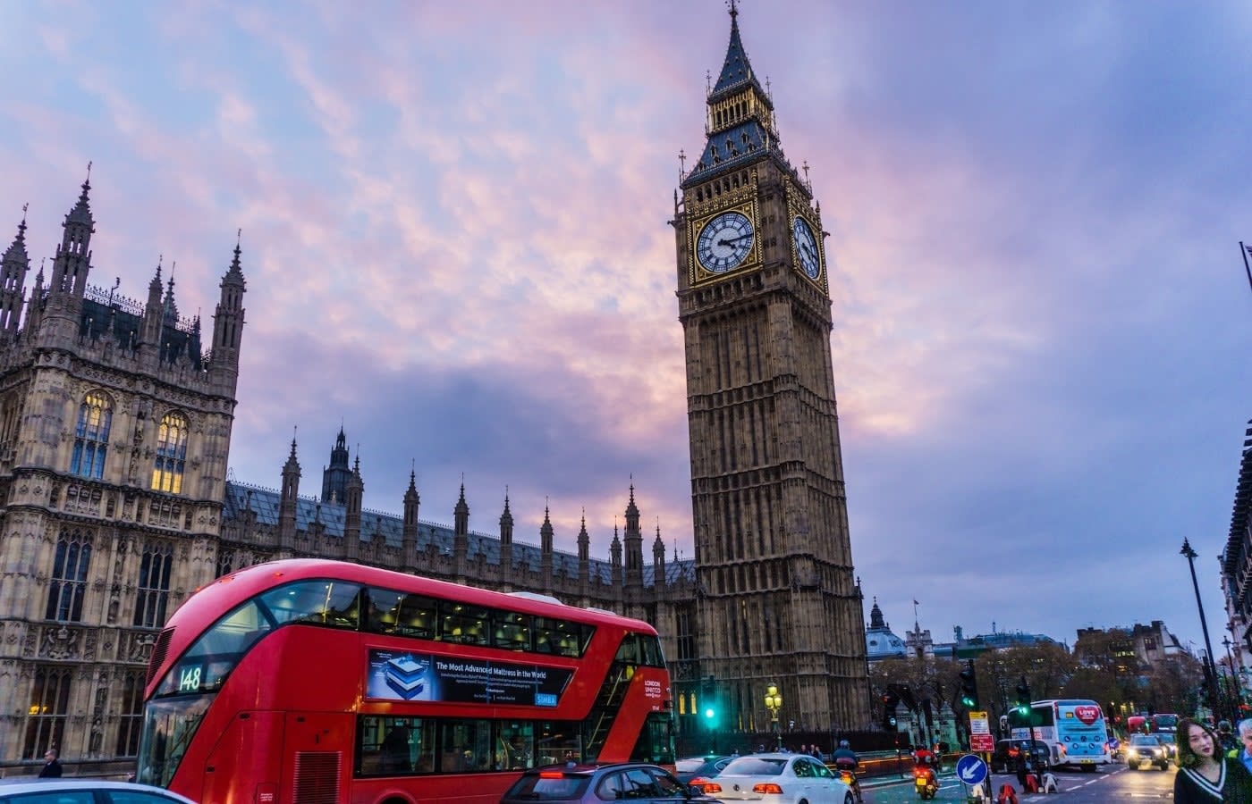 View of a busy street under the Big Ben in London