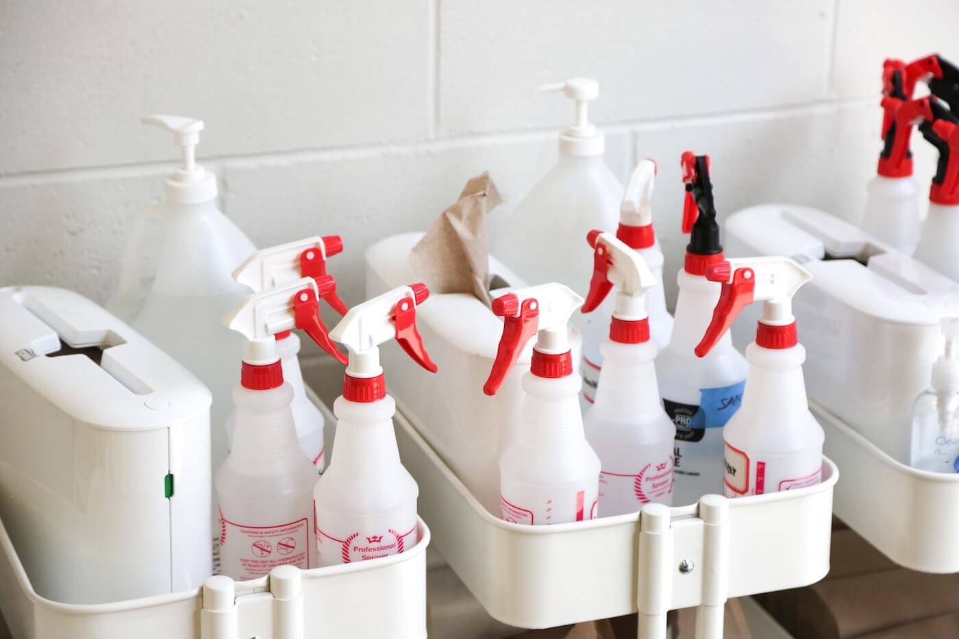 cleaning supplies in caddies