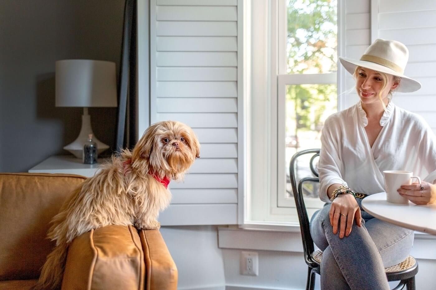 Jessica McCarthy with her dog in a bay window