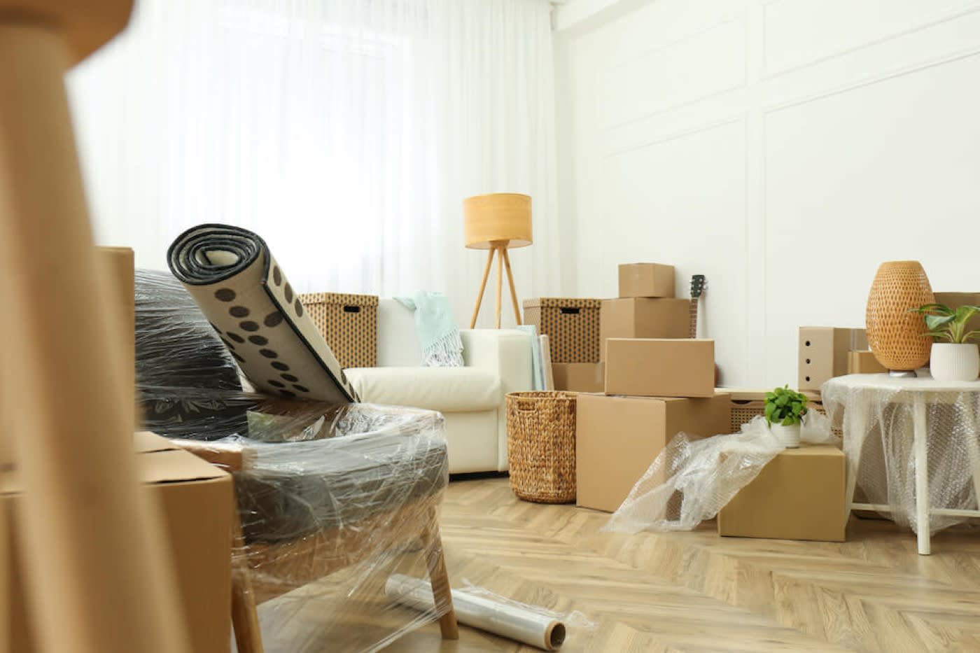 packed boxes in a living room