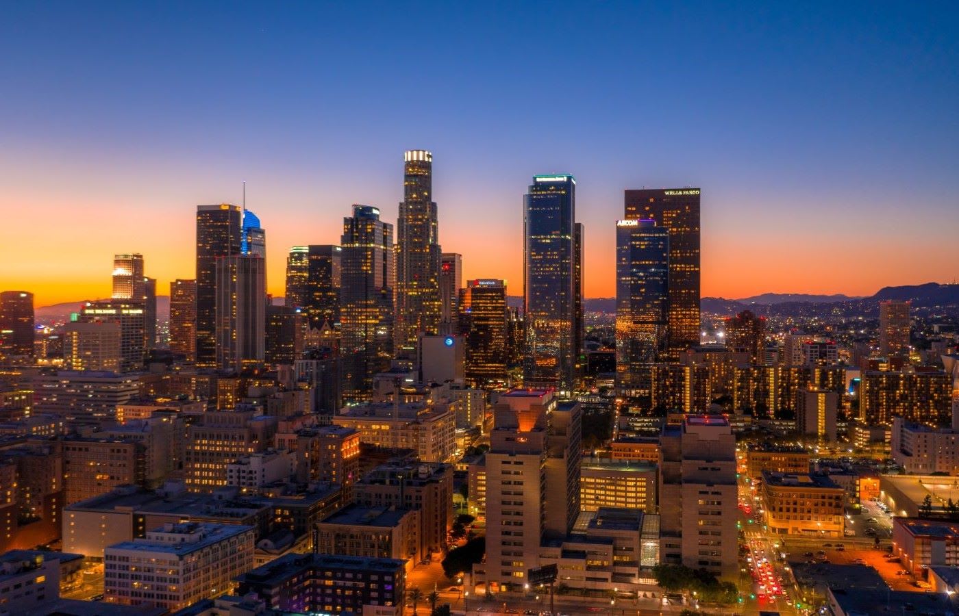 An aerial view of central los angeles at sundown.