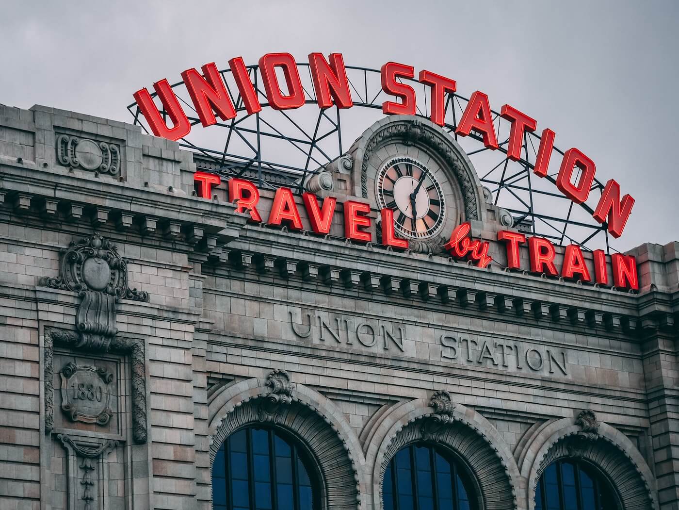 union station in denver at dusk