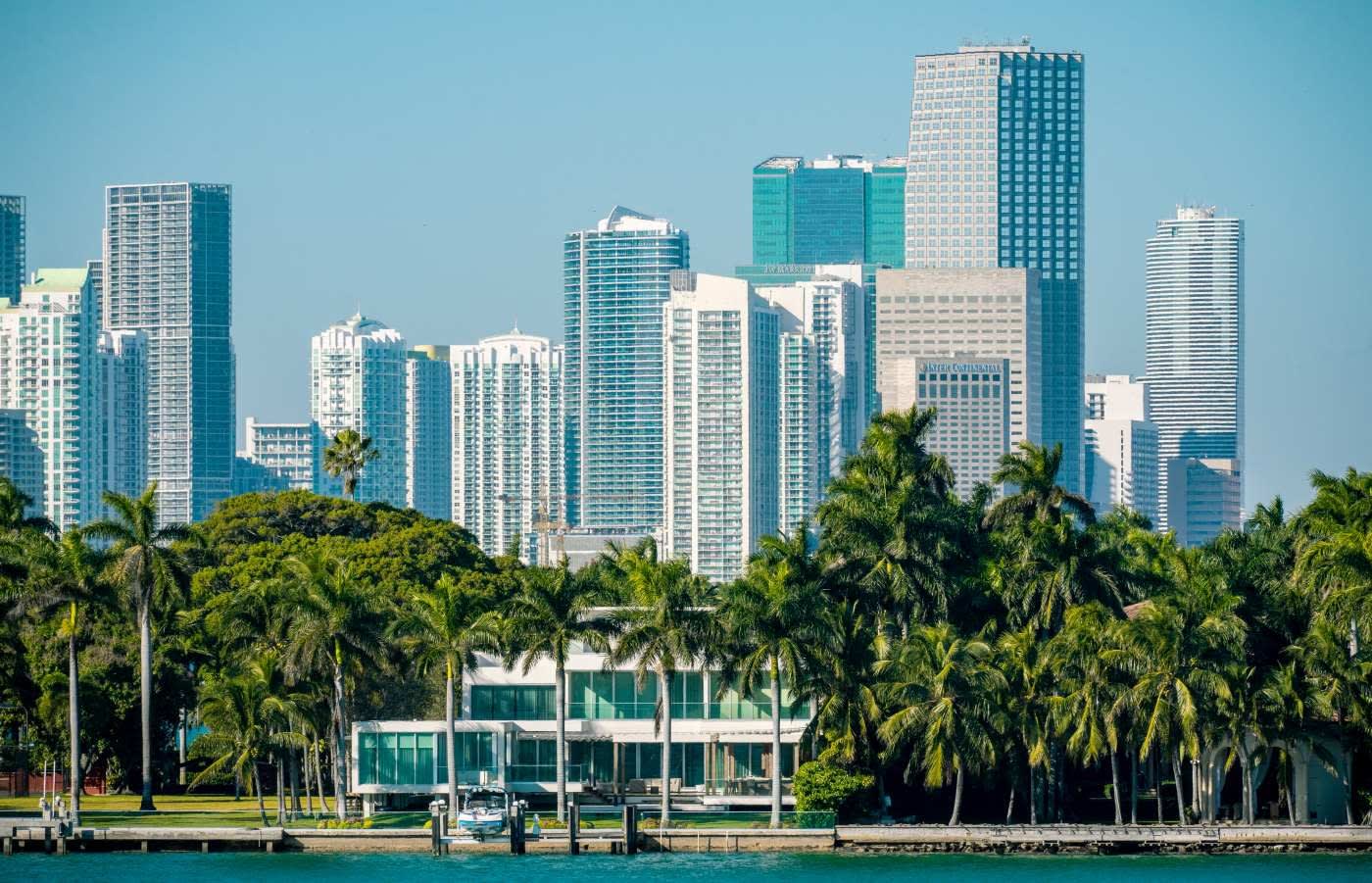 A house on a coast near miami with palm trees surrounding it. The city skyline is visible on the distance.