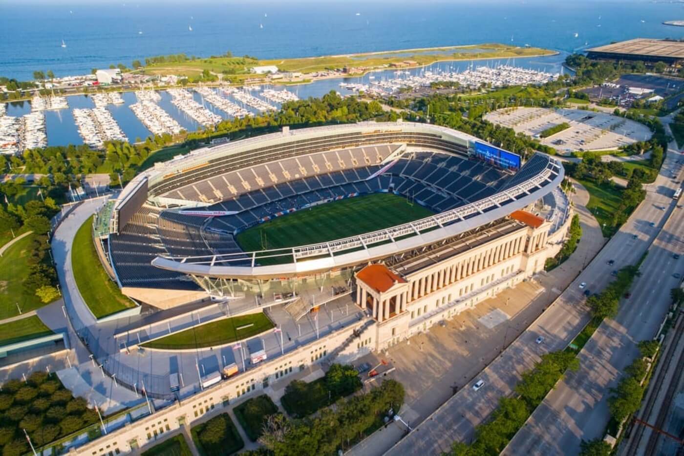 aerial image of soldier field in Chicago