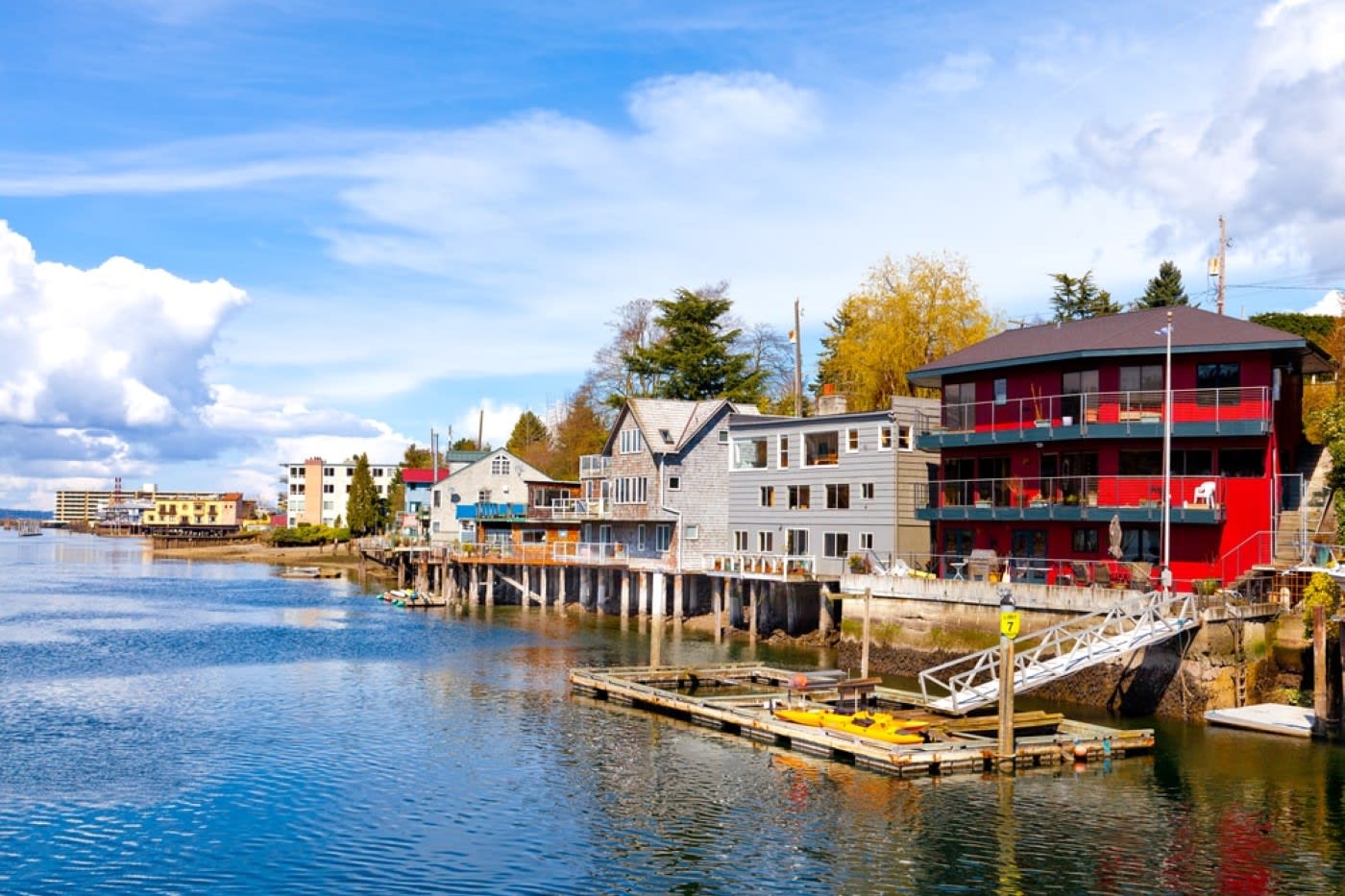 Houses situated along the waterfront on Lake Washington in the ship canal in Ballard neighborhood