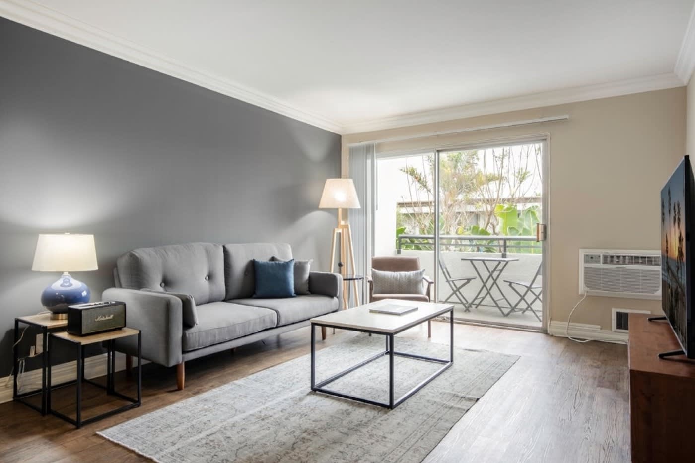 simple living space with marshall speakers and long oriental rug