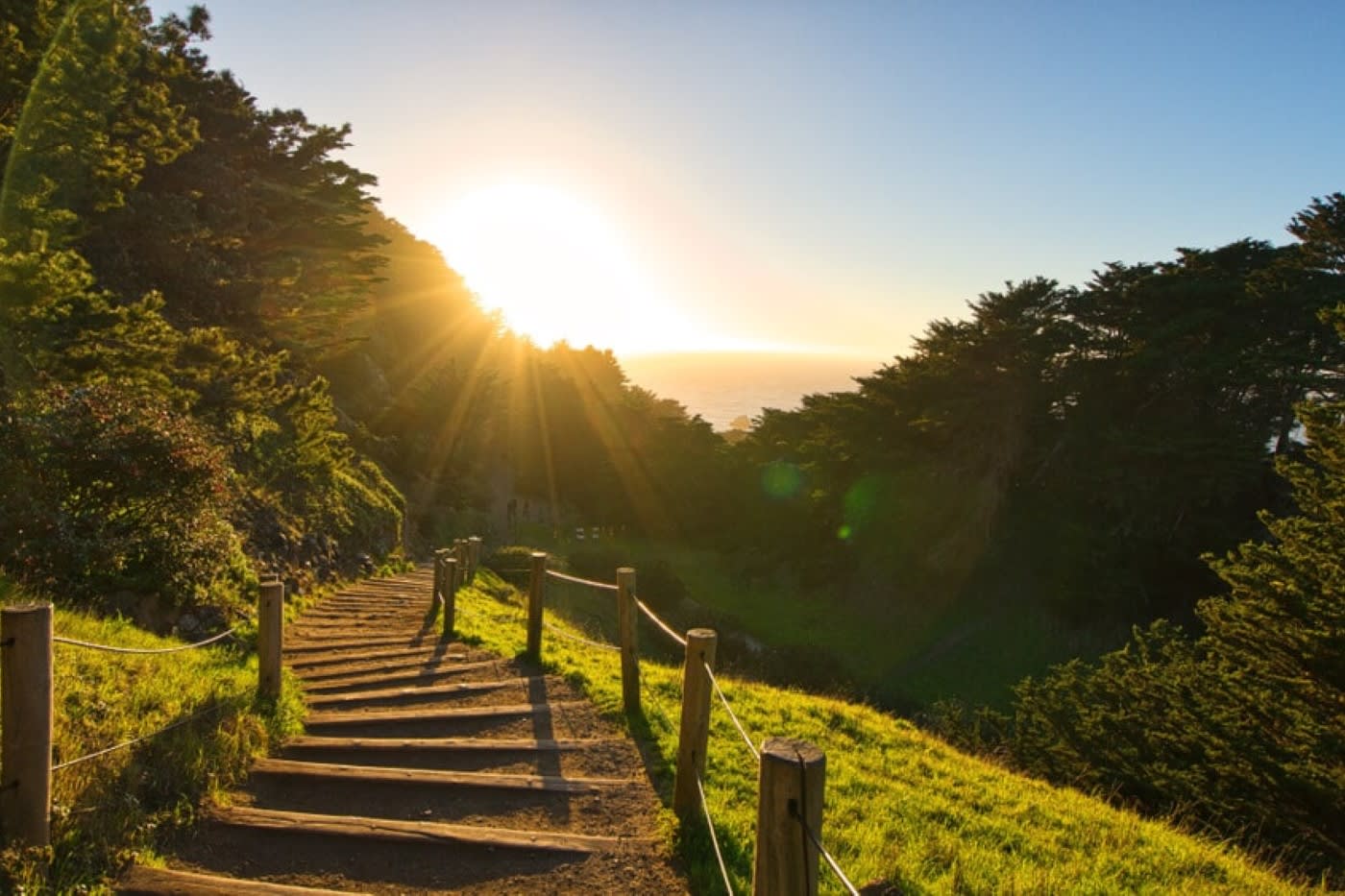 staircase trail with a hand railing during sunset at lands end