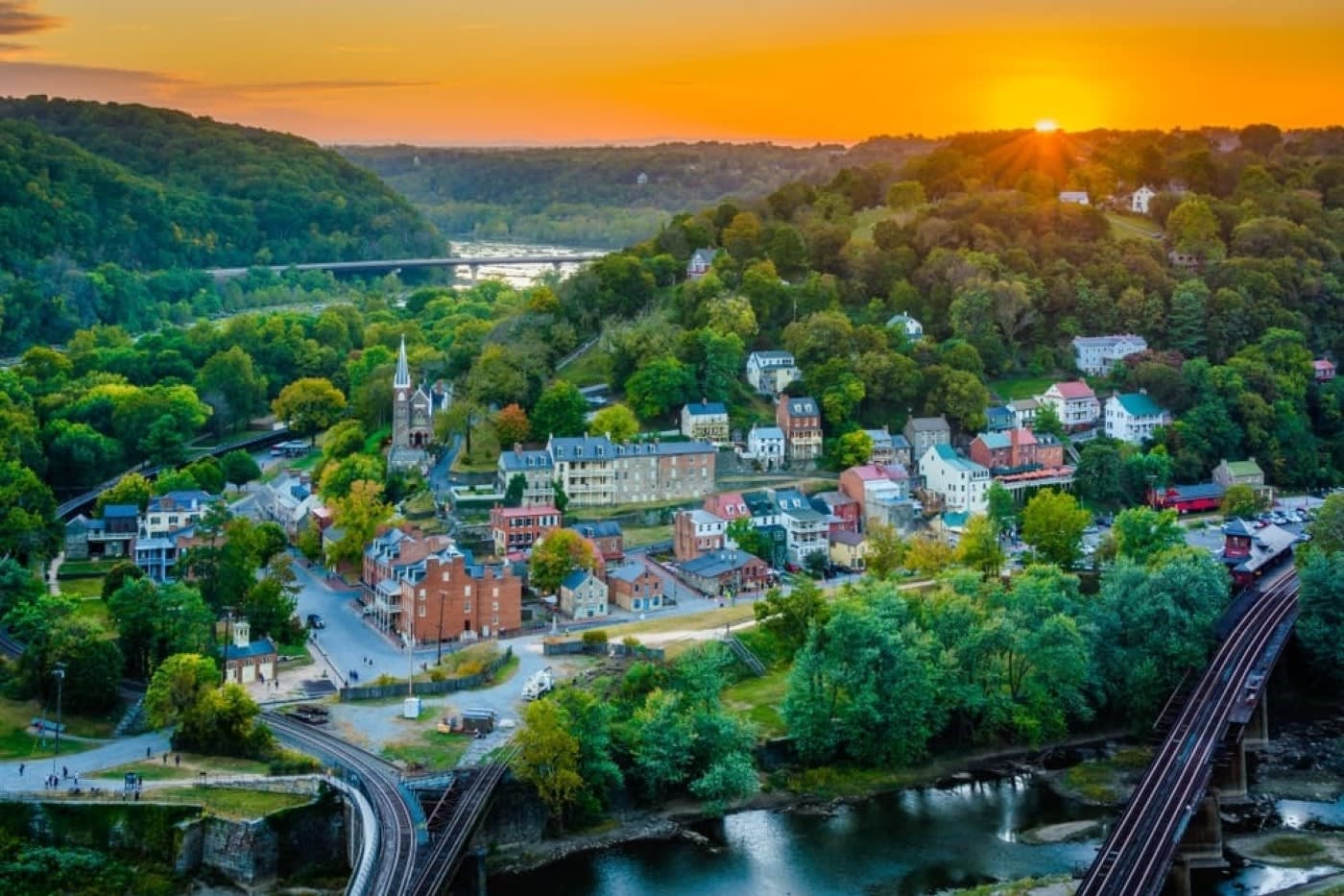sunset view of harpers ferry from maryland heights