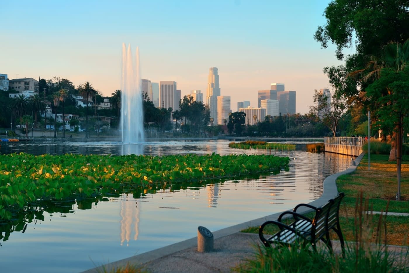 Park with fountain and skyline view of LA