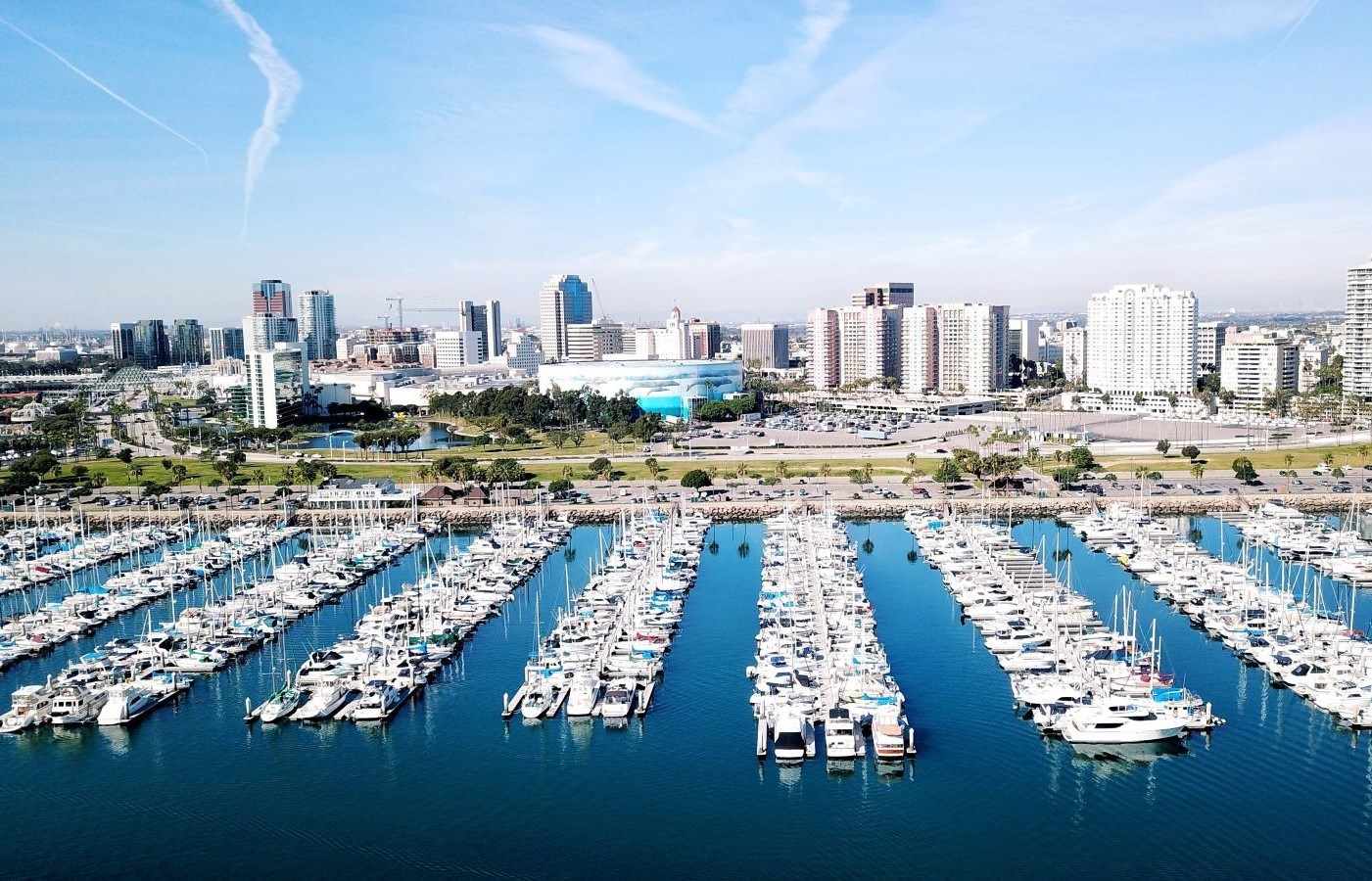 An image of Marina del Ray in Los Angeles. Rows of boats are anchored on piers with the city skyline visible in the distance.