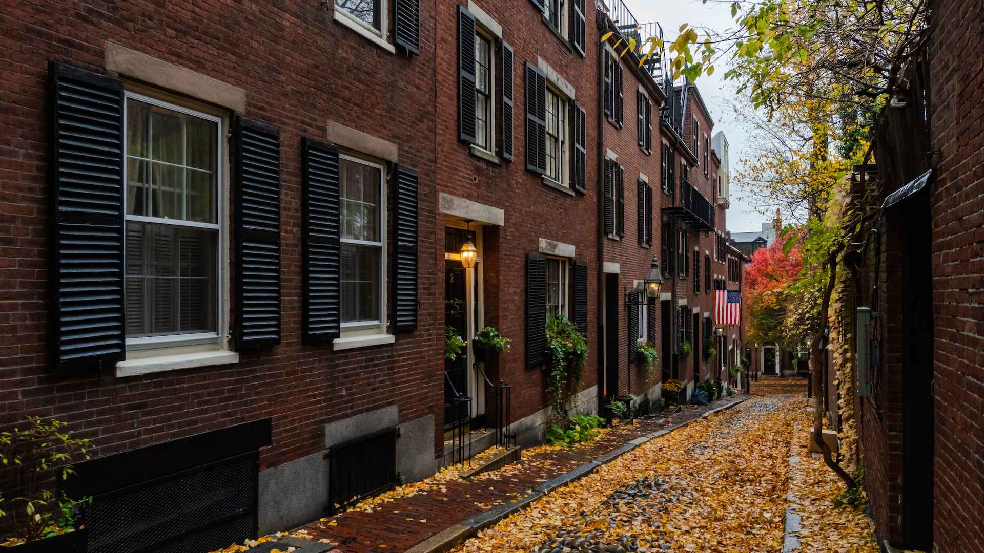 alley with brownstones with autumn brown leaves on the ground, moody weather, and a US flag hanging from a house down the alley