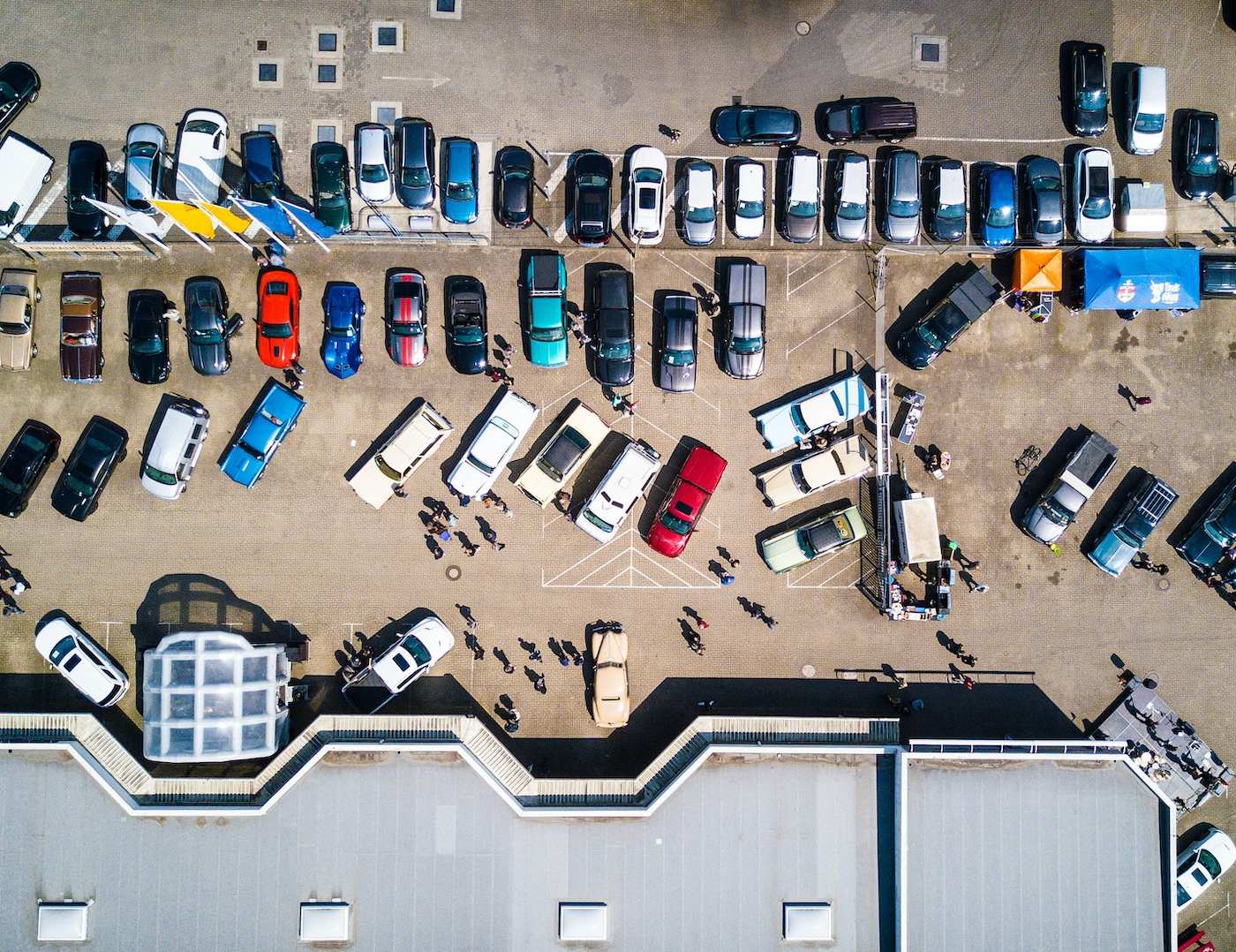 aerial shot of an outside car park