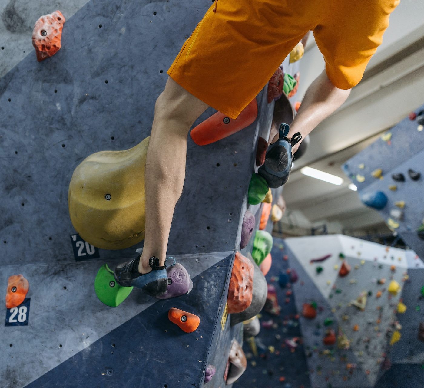 man wearing shorts is on an indoor climbing wall
