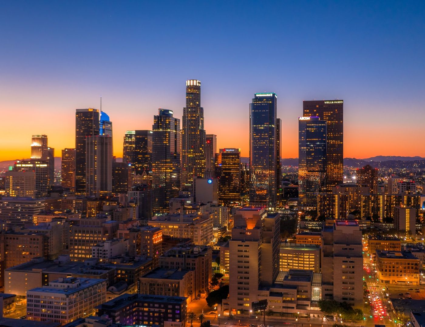 aerial shot of Downtown Los Angeles buildings at sunset