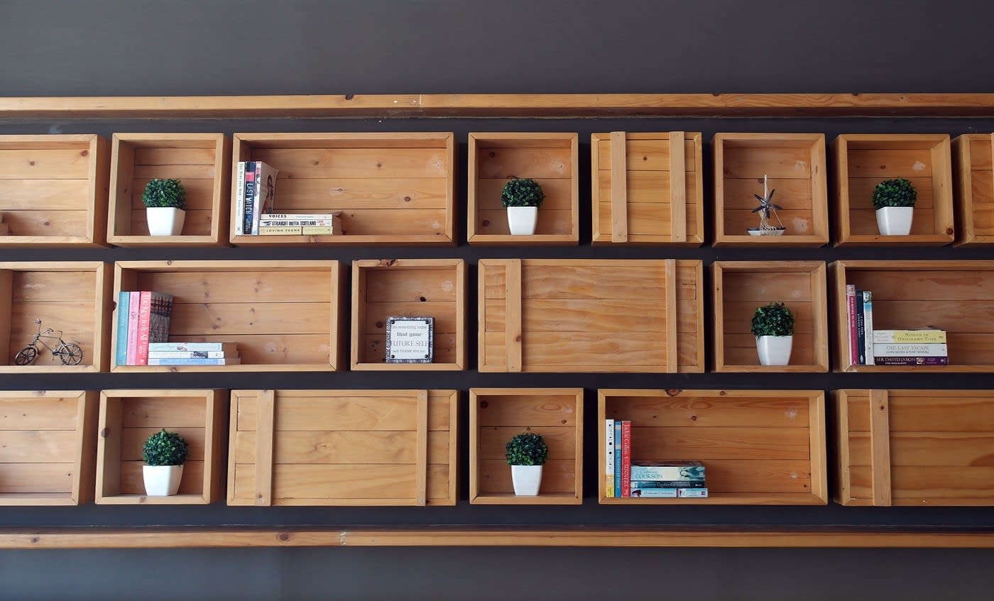 wooden crates mounted on the wall with small plants and books stacked in them