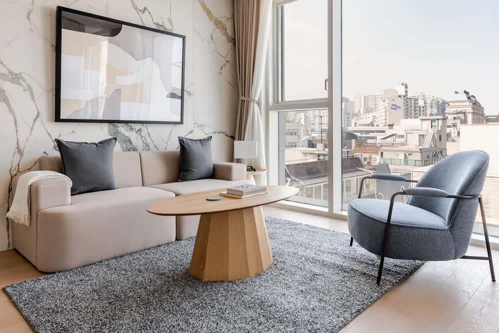 furnished living room in a Seoul apartment for employee relocation