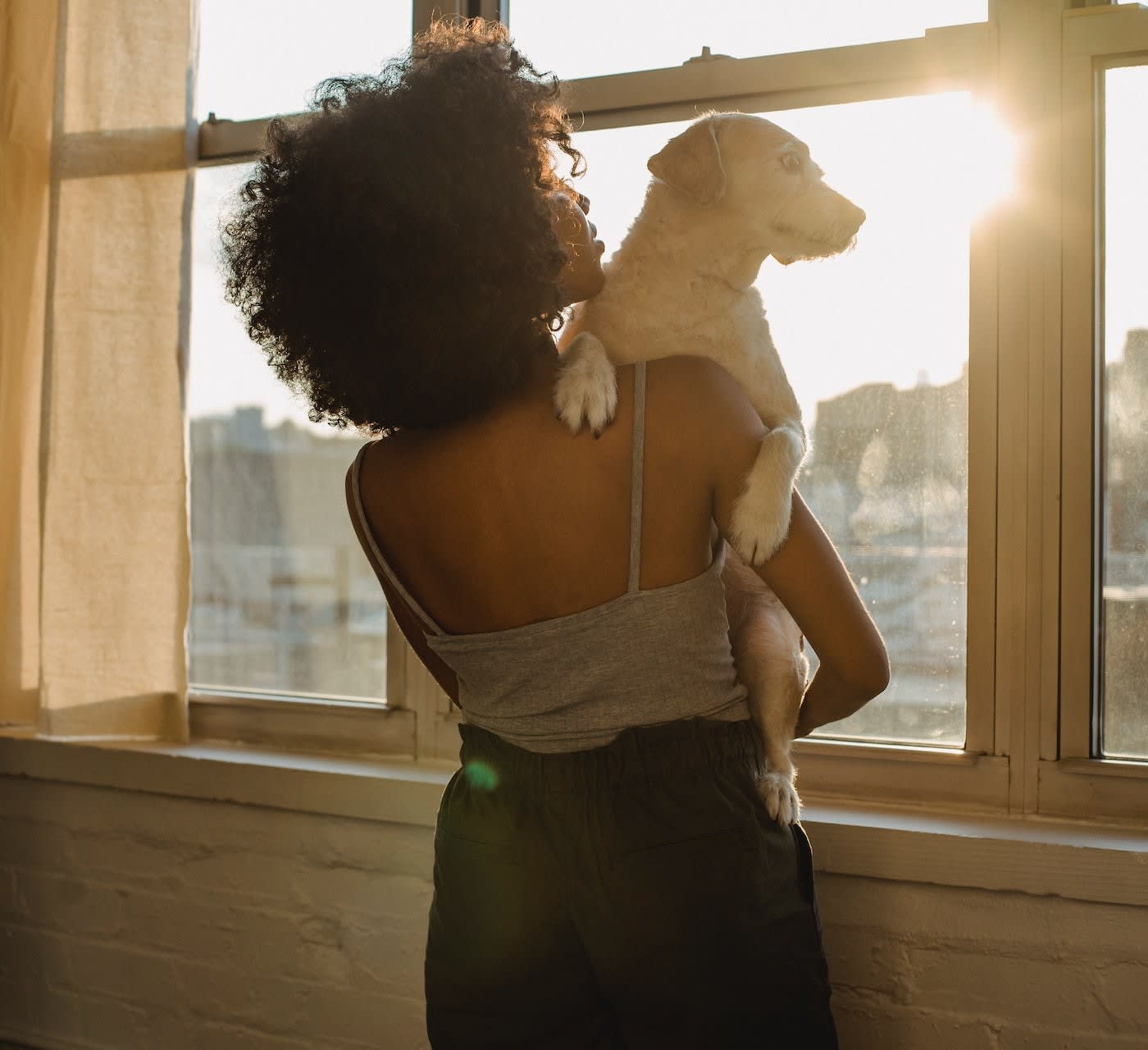 woman hugging her dog in her apartment looking out the window