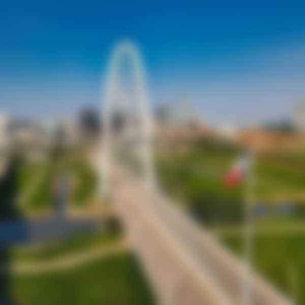 Dallas skyline, bridge, and Texas state flag