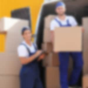 two men working for a Chicago moving company taking boxes from the moving van