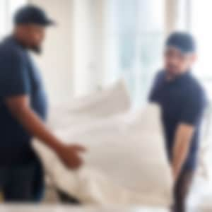 Two movers carrying a chair with boxes in the background