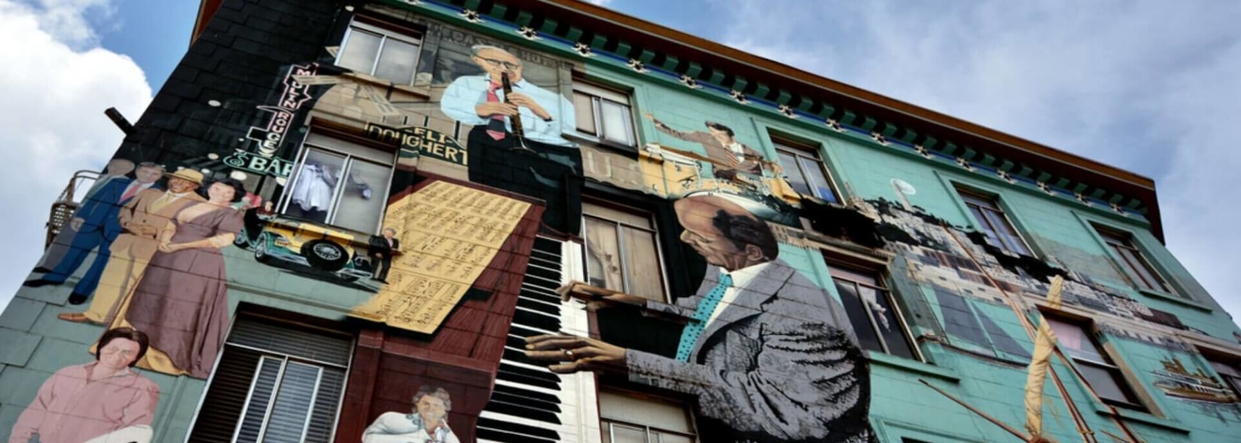 view of large 3D mural and blue sky in San Francisco