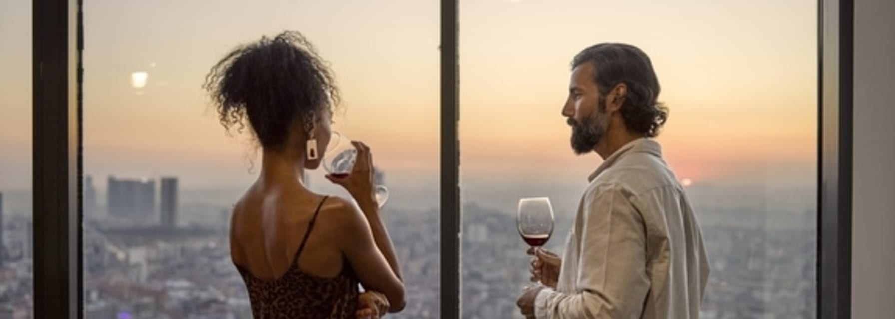 attractive couple drinking wine at sunset