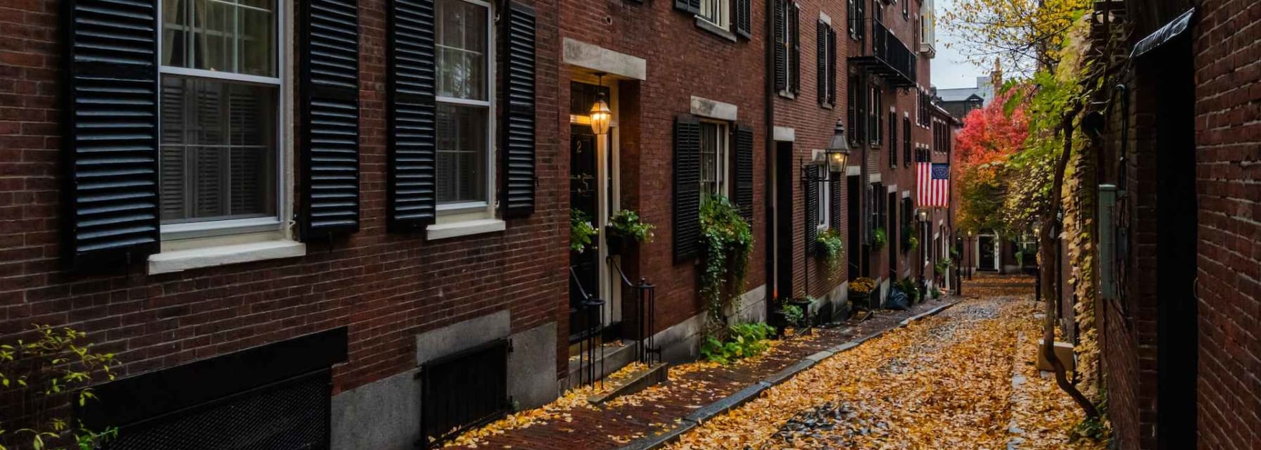 alley with brownstones with autumn brown leaves on the ground, moody weather, and a US flag hanging from a house down the alley