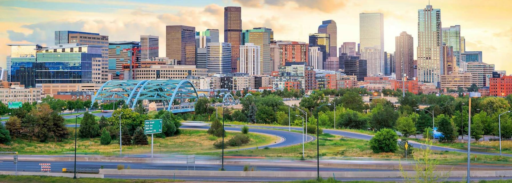 denver skyline with a beautiful blue/golden sky