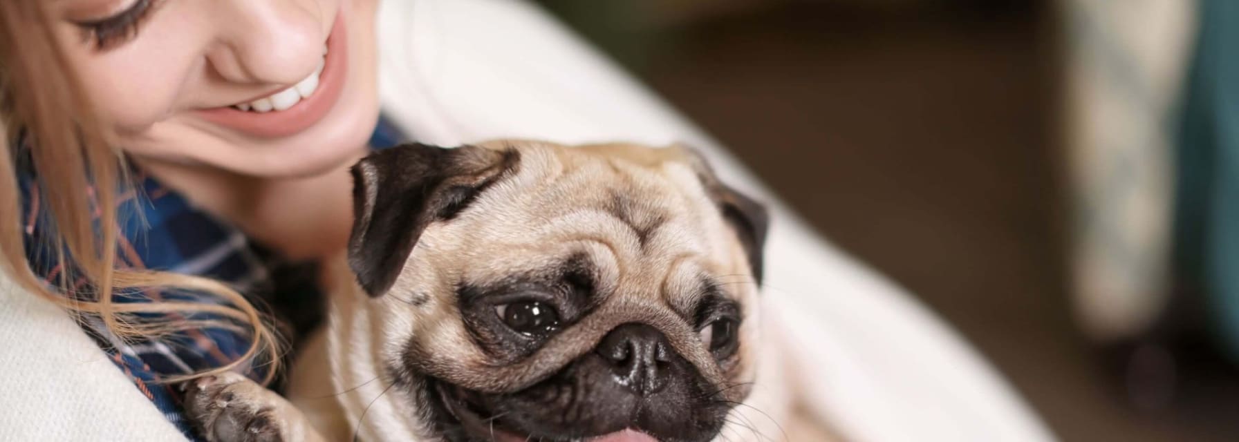 woman hugging pug while smiling